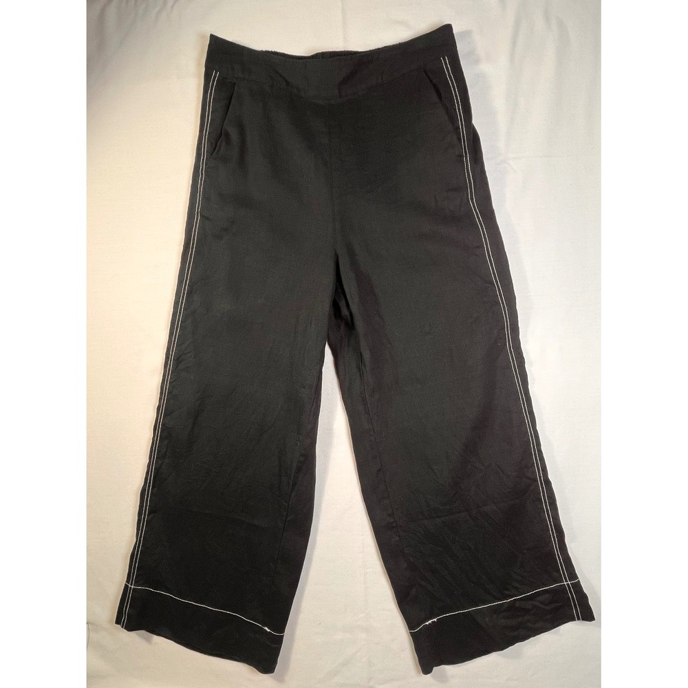 Nicole Miller Black Linen Cropped Wide Leg Pants Size L Contrast Stitch